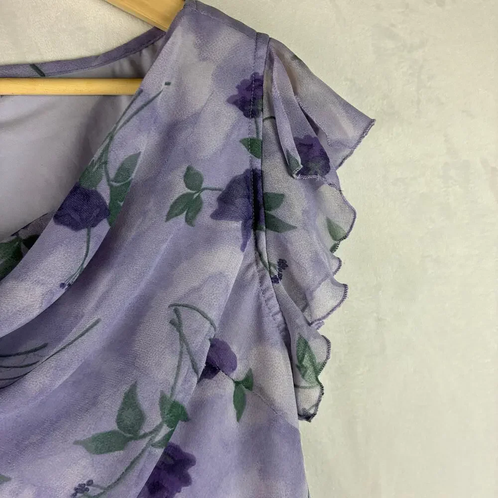 Vintage 2 Piece Cowl Flutter Blouse Midi Skirt Womens Large Purple Rose Romantic